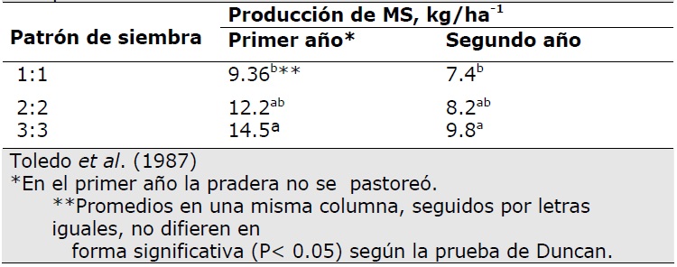 Producción de MS de plantas madres de S. capitata en tres patrones de siembra